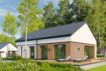 Projekt domu EG-111 wariant ll - parterowy z poddaszem dom o powierzchni 89,59 m², dach dwuspadowy, koszt budowy 277 000 zł - ujęcie frontu