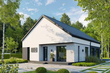 Projekt domu EG-110 wariant II - parterowy z poddaszem dom o powierzchni 89,59 m², dach dwuspadowy, koszt budowy 277 000 zł - ujęcie frontu