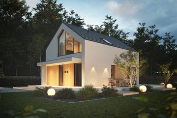 Projekt domu NewHouse 751 w1 - parterowy z poddaszem dom o powierzchni 95,06 m², dach dwuspadowy, koszt budowy 292 000 zł - ujęcie frontu