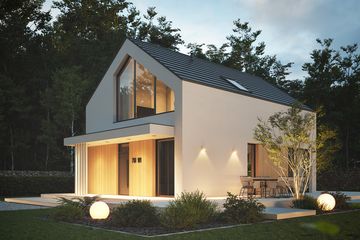 Projekt domu NewHouse 751 w1 - parterowy z poddaszem dom o powierzchni 95,06 m², dach dwuspadowy, koszt budowy 292 000 zł - ujęcie frontu