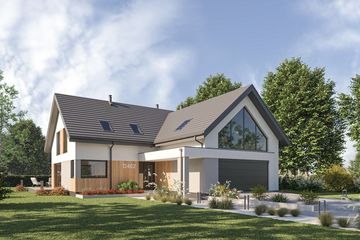 Projekt domu D462 - parterowy z poddaszem dom o powierzchni 212,43 m², dach dwuspadowy, koszt budowy 665 000 zł - ujęcie frontu