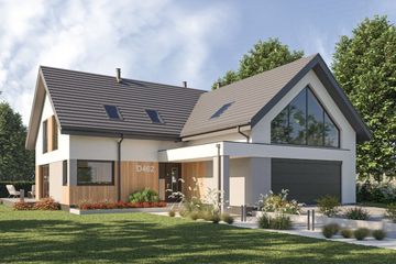 Projekt domu D462 - parterowy z poddaszem dom o powierzchni 212,43 m², dach dwuspadowy, koszt budowy 665 000 zł - ujęcie frontu