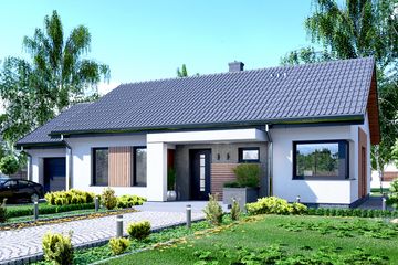 Projekt domu APS 353 wariant 3 + G - parterowy dom o powierzchni 100 m², dach dwuspadowy, koszt budowy 307 000 zł - ujęcie frontu