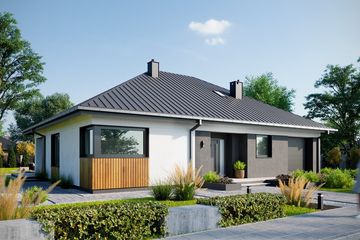 Projekt domu Sabina Nano (1987) - parterowy dom o powierzchni 109,90 m², dach kopertowy, koszt budowy 350 000 zł - ujęcie frontu