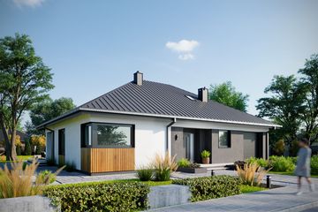 Projekt domu Sabina Nano (1987) - parterowy dom o powierzchni 109,90 m², dach kopertowy, koszt budowy 350 000 zł - ujęcie frontu