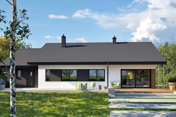 Projekt domu Mini 4 w. IV G1 - parterowy dom o powierzchni 100,05 m², dach dwuspadowy, koszt budowy 332 000 zł - ujęcie frontu