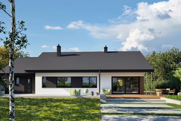 Projekt domu Mini 4 w. IV G1 - parterowy dom o powierzchni 100,05 m², dach dwuspadowy, koszt budowy 332 000 zł - ujęcie frontu