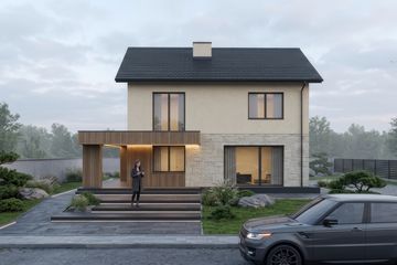 Projekt domu eko Typowy 83 - z pełnym piętrem dom o powierzchni 130,46 m², dach dwuspadowy, koszt budowy 356 000 zł - ujęcie frontu