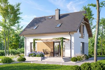 Projekt domu Dolce mini 2 - parterowy z poddaszem dom o powierzchni 79,51 m², dach dwuspadowy, koszt budowy 209 000 zł - ujęcie frontu