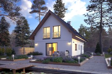 Projekt domu Fortunka - parterowy z poddaszem dom o powierzchni 100,13 m², dach dwuspadowy, koszt budowy 260 000 zł - ujęcie frontu