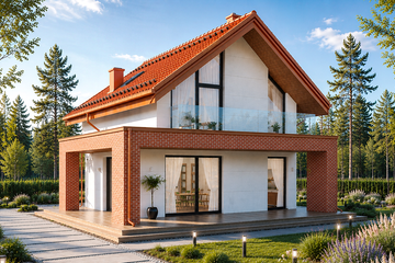 Projekt domu Stodoła z antresolą poszerzony salon - parterowy z poddaszem dom o powierzchni 116,60 m², dach dwuspadowy - ujęcie frontu