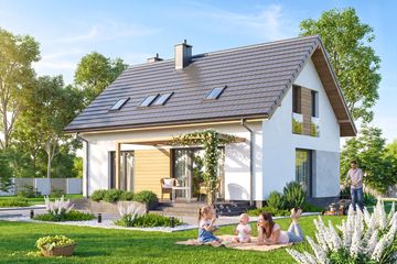 Projekt domu Rodzinek 5 mini 2 - parterowy z poddaszem dom o powierzchni 99,73 m², dach dwuspadowy, koszt budowy 280 000 zł - ujęcie frontu