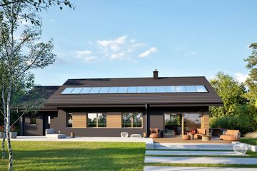 Projekt domu Mini 4 w. IV G1 plus - parterowy dom o powierzchni 100,05 m², dach dwuspadowy, koszt budowy 332 000 zł - ujęcie frontu