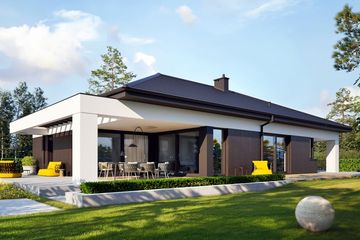 Projekt domu Alison III - parterowy dom o powierzchni 156,61 m², dach kopertowy, koszt budowy 468 000 zł - ujęcie frontu
