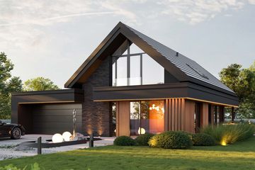Projekt domu HomeKoncept 166 G2 wariant 03 - parterowy z poddaszem dom o powierzchni 126,16 m², dach dwuspadowy, koszt budowy 406 000 zł - ujęcie frontu
