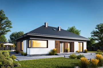 Projekt domu Malwa Nano (1989) - parterowy dom o powierzchni 109,90 m², dach kopertowy, koszt budowy 337 000 zł - ujęcie frontu