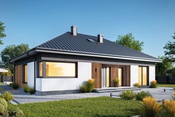 Projekt domu Malwa Nano (1989) - parterowy dom o powierzchni 109,90 m², dach kopertowy, koszt budowy 328 000 zł - ujęcie frontu