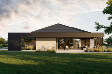 Projekt domu Homekoncept 138 wariant 02 - parterowy dom o powierzchni 141,53 m², dach wielospadowy, koszt budowy 443 000 zł - ujęcie frontu
