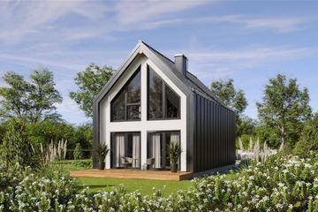 Projekt domu L-302 N murowany - parterowy z poddaszem dom o powierzchni 69,93 m², dach dwuspadowy, koszt budowy 218 000 zł - ujęcie frontu