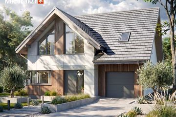 Projekt domu Krajobrazy 138 - parterowy z poddaszem dom o powierzchni 121,34 m², dach dwuspadowy, koszt budowy 336 000 zł - ujęcie frontu