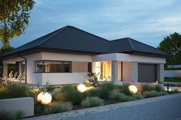 Projekt domu NewHouse 761 w4 S - parterowy dom o powierzchni 143,92 m², dach kopertowy, koszt budowy 460 000 zł - ujęcie frontu