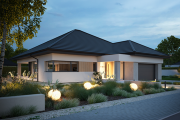 Projekt domu NewHouse 761 w4 S - parterowy dom o powierzchni 143,92 m², dach kopertowy, koszt budowy 446 000 zł - ujęcie frontu