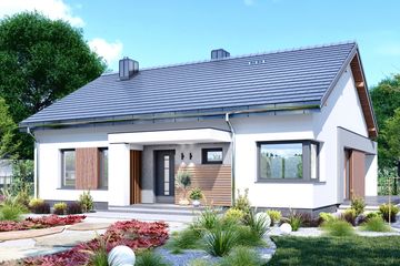 Projekt domu APS 353 wariant 4 - parterowy dom o powierzchni 100 m², dach dwuspadowy, koszt budowy 312 000 zł - ujęcie frontu