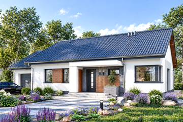 Projekt domu APS 353+G - parterowy dom o powierzchni 99,80 m², dach dwuspadowy, koszt budowy 301 000 zł - ujęcie frontu