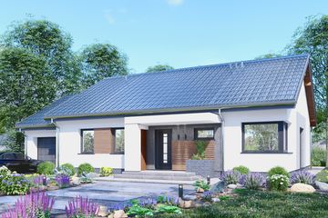 Projekt domu APS 353+G - parterowy dom o powierzchni 100 m², dach dwuspadowy, koszt budowy 310 000 zł - ujęcie frontu
