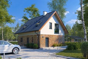 Projekt domu Fortunka 2 - parterowy z poddaszem dom o powierzchni 102,18 m², dach dwuspadowy, koszt budowy 266 000 zł - ujęcie frontu