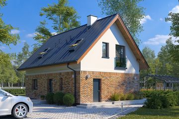 Projekt domu Fortunka 2 - parterowy z poddaszem dom o powierzchni 102,18 m², dach dwuspadowy, koszt budowy 266 000 zł - ujęcie frontu