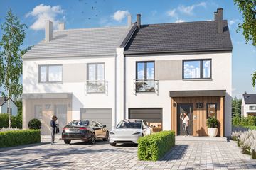 Projekt domu Alicjusz bliźniak - z pełnym piętrem dom o powierzchni 114,36 m², dach dwuspadowy - ujęcie frontu