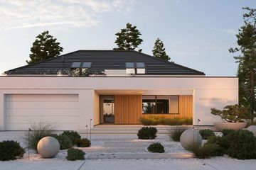 Projekt domu HomeKoncept 158 - parterowy z poddaszem dom o powierzchni 185,30 m², dach wielospadowy, koszt budowy 544 000 zł - ujęcie frontu