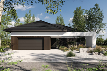 Projekt domu Homekoncept 133 wariant 02 - parterowy dom o powierzchni 140,36 m², dach kopertowy, koszt budowy 438 000 zł - ujęcie frontu