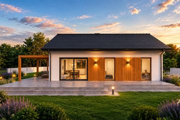 Projekt domu Kalia - parterowy dom o powierzchni 80,83 m², dach dwuspadowy, koszt budowy 248 000 zł - ujęcie frontu