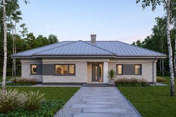 Projekt domu Gaya - parterowy dom o powierzchni 133,31 m², dach wielospadowy, koszt budowy 396 000 zł - ujęcie frontu