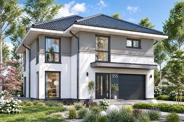 Projekt domu APS 355 - z pełnym piętrem dom o powierzchni 146,80 m², dach namiotowy, koszt budowy 396 000 zł - ujęcie frontu