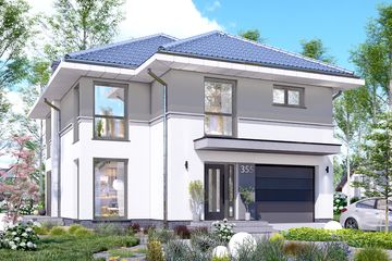 Projekt domu APS 355 - z pełnym piętrem dom o powierzchni 146,80 m², dach namiotowy, koszt budowy 407 000 zł - ujęcie frontu