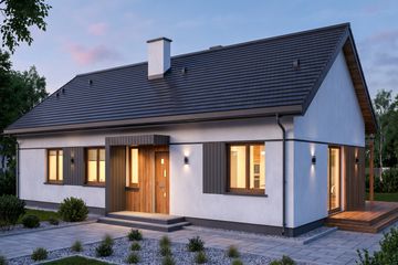 Projekt domu Rodzinny - parterowy dom o powierzchni 138,83 m², dach dwuspadowy, koszt budowy 421 000 zł - ujęcie frontu
