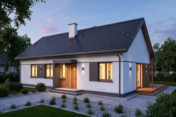 Projekt domu Rodzinny - parterowy dom o powierzchni 138,83 m², dach dwuspadowy, koszt budowy 410 000 zł - ujęcie frontu