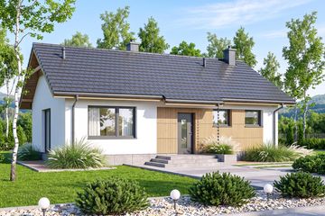 Projekt domu Mirabelka 4 bis 2 - parterowy dom o powierzchni 72,48 m², dach dwuspadowy, koszt budowy 211 000 zł - ujęcie frontu