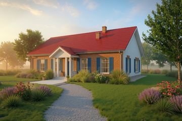 Projekt domu eko Typowy 84 - parterowy z poddaszem dom o powierzchni 220,35 m², dach dwuspadowy, koszt budowy 623 000 zł - ujęcie frontu
