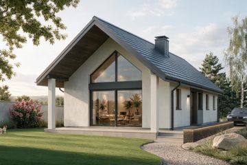 Projekt domu eko Typowy 85 - parterowy dom o powierzchni 109,04 m², dach dwuspadowy, koszt budowy 333 000 zł - ujęcie frontu