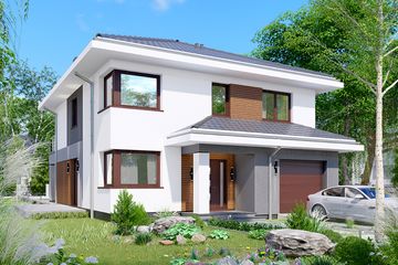Projekt domu APS 357 - z pełnym piętrem dom o powierzchni 146,80 m², dach kopertowy, koszt budowy 411 000 zł - ujęcie frontu