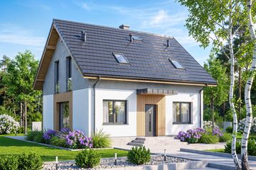 Projekt domu Tamarillo 9 mini - parterowy z poddaszem dom o powierzchni 89,92 m², dach dwuspadowy, koszt budowy 253 000 zł - ujęcie frontu