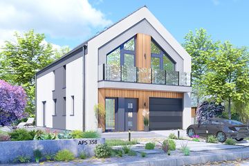 Projekt domu APS 358 ECO - parterowy z poddaszem dom o powierzchni 147 m², dach dwuspadowy, koszt budowy 406 000 zł - ujęcie frontu
