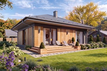 Projekt domu Galia 3 drewniana - parterowy dom o powierzchni 76,25 m², dach kopertowy - ujęcie frontu
