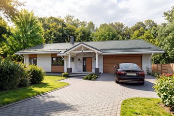 Projekt domu Ostoja - parterowy dom o powierzchni 144,31 m², dach dwuspadowy, koszt budowy 464 000 zł - ujęcie frontu