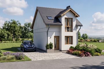 Projekt domu Frigg 1 [1M] - parterowy z poddaszem dom o powierzchni 78,47 m², dach dwuspadowy, koszt budowy 215 000 zł - ujęcie frontu
