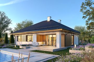 Projekt domu Kiwi 7 - parterowy dom o powierzchni 99,25 m², dach kopertowy, koszt budowy 285 000 zł - ujęcie frontu